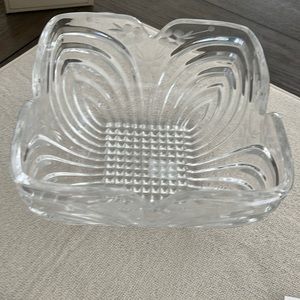 Heavy Clear glass square bowl 8.5” wide x 4.5” tall with engraved flower design
